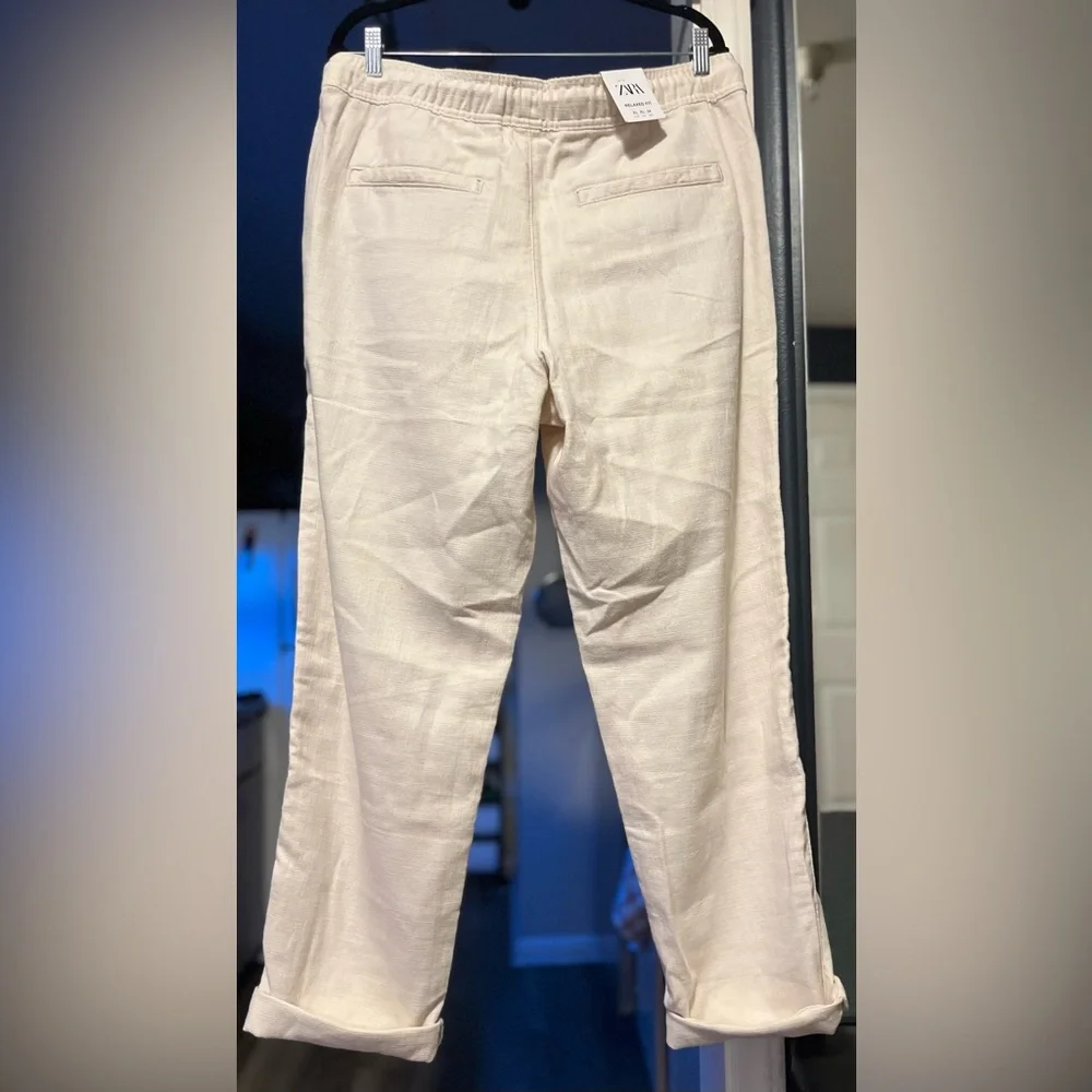 ZARA Relaxed Fit Cream Linen-Blend Drawstring Pants Size XL NWT